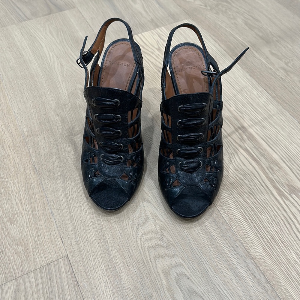 Givenchy black leather lace up peep toe slingback heel bootie size 38.5